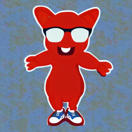 Prompt: picture of a cute red anthropomorphic rabbit with brown hair and eyes, glasses, wearing cool glasses, a blue hoodie, dark blue shorts, and multicoloured shoes, hd resolution,