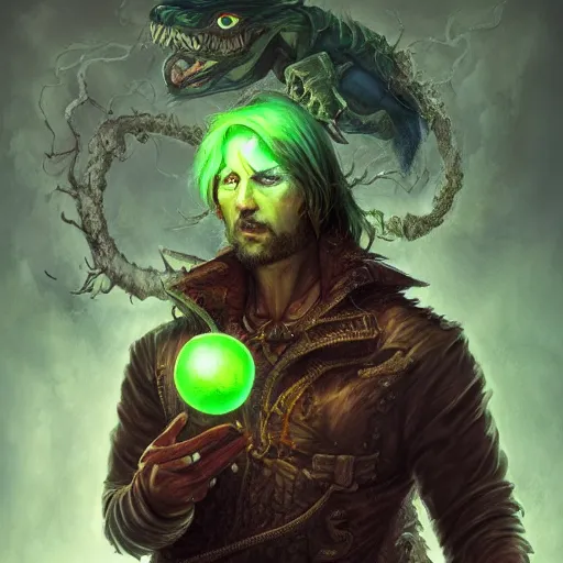 Prompt: portrait dangerous dave, sorcerer of the northern winds wearing a leather doublet brandishing a glowing green orb whilst standing on a cliff chris cold Jean Sebastien Rossbach jana schirmer jeff simpson greg staples