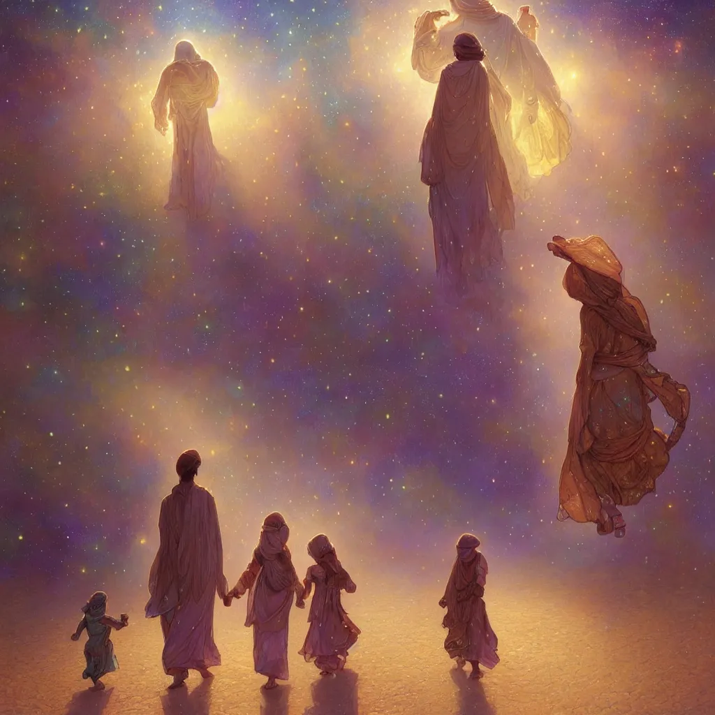 Image similar to bedouin man and woman and child in galaxy walking towards mosque surrounded by nebula, highly detailed, gold filigree, romantic storybook fantasy, soft cinematic lighting, award, disney concept art watercolor illustration by mandy jurgens and alphonse mucha and alena aenami, pastel color palette, featured on artstation