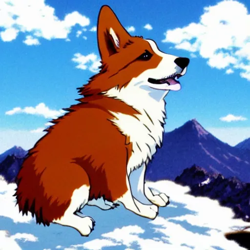 Prompt: a majestic magical corgi on a mountaintop, scene from an anime by studio ghibli