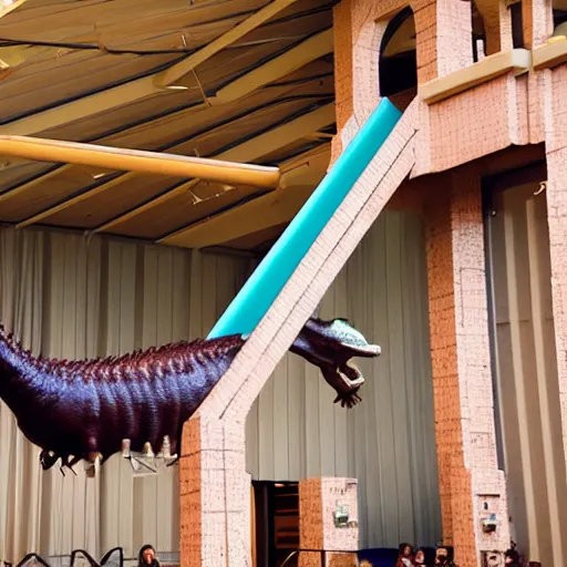 Prompt: dinosaur falling on a slide of mattres