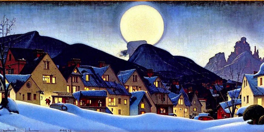 Image similar to in the style of norman rockwell, gerald brom, caravaggio, beautiful small town, houses and buildings, 1 9 5 0 s, evening, lighting in windows, winter, mountains in the distance