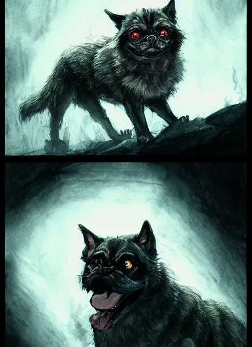 Image similar to werewolf pug, watercolor, dramatic lighting, cinematic, establishing shot, extremely high detail, foto realistic, cinematic lighting, pen and ink, intricate line drawings, by Yoshitaka Amano, Ruan Jia, Kentaro Miura, Artgerm, post processed, concept art, artstation, matte painting, style by eddie mendoza, raphael lacoste, alex ross