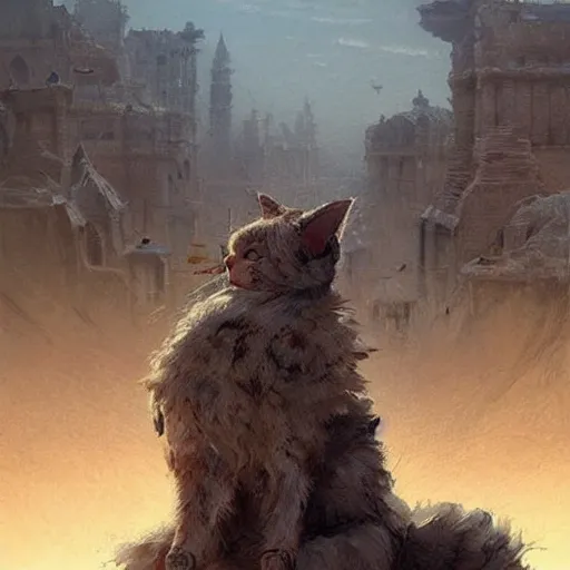 Prompt: cat - canibal walking on ancient city, very detailed fine art, top of pinterest, trend of artistation, style of ( ( ( ( ( greg rutkowski ) ) ) ) )