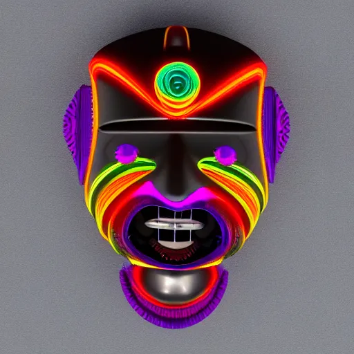 Image similar to claymodel of a cyberpunk aztec futurism robot head, 8 k, symetrical, flourescent colors, halluzinogenic, multicolored, insanely integrate, black background, 3 d render,