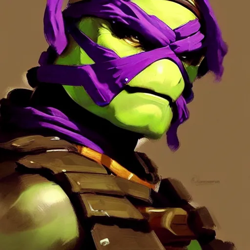 Prompt: Greg Manchess portrait painting of Donatello of TMNT as Overwatch character, medium shot, asymmetrical, profile picture, Organic Painting, sunny day, Matte Painting, bold shapes, hard edges, street art, trending on artstation, by Huang Guangjian and Gil Elvgren and Sachin Teng