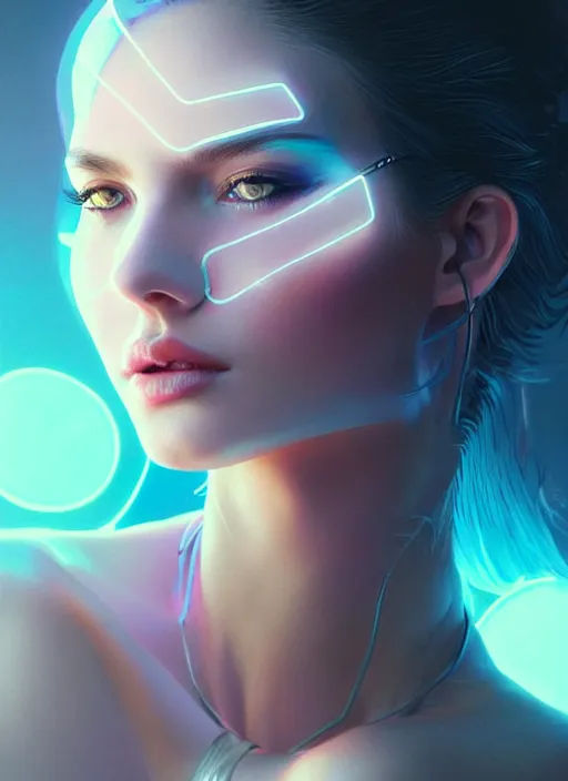 Prompt: portrait of female in transparent fashion wear, intricate, elegant, cyber neon lights, highly detailed, digital photography, artstation, glamor pose, concept art, smooth, sharp focus, art by artgerm and greg rutkowski