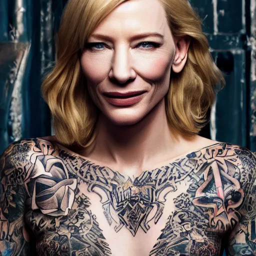 Image similar to high resolution image of cate blanchett with full body gang tattoos , highly detailed, photorealistic, 4k