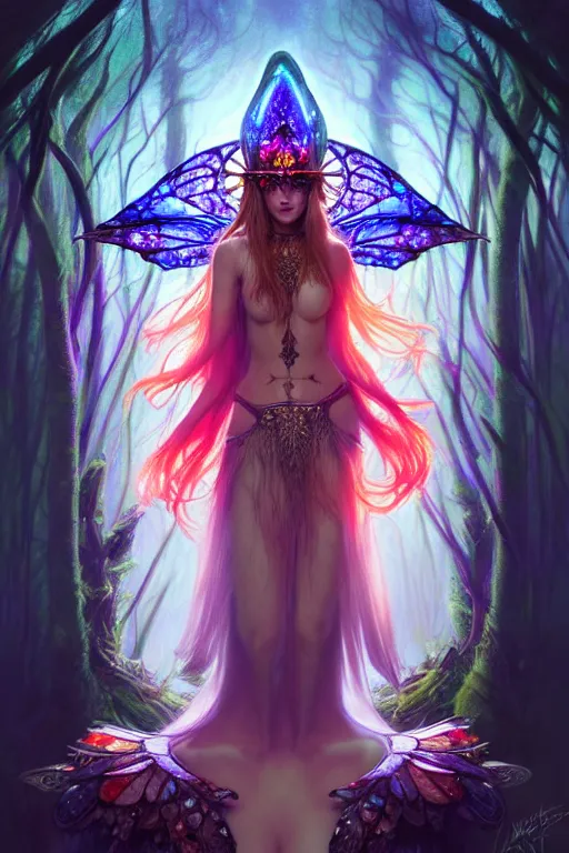 Image similar to stunningly beautiful female faerie priestess in amanita muscaria forest landscape, symmetrical wings on back, symmetrical detailed face, neon hair, fantasy art, dark light night, sharp focus, digital painting, 4 k, concept art, art by wlop, artgerm, greg rutkowski and alphonse mucha