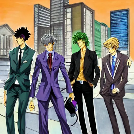 Prompt: a beautiful painting of four well dressed men with perfect anime faces posing for a picture on a city street by hirohiko araki, detailed line art, jojos bizarre adventure