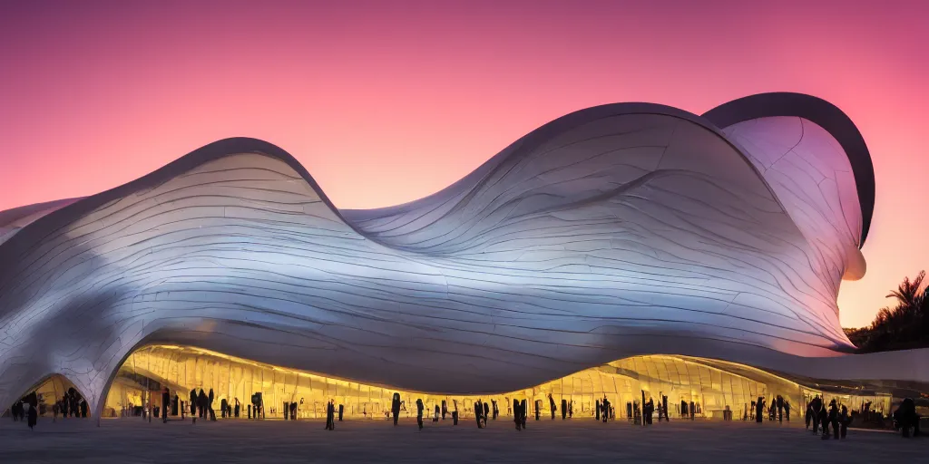 Image similar to extremely elegant smooth detailed stunning sophisticated beautiful elegant futuristic museum exterior by Zaha Hadid, smooth curvilinear design, stunning volumetric light, stainless steal, concrete, translucent material, beautiful sunset, tail lights