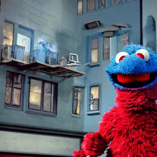 Image similar to godzilla elmo hybrid destroying sesame street