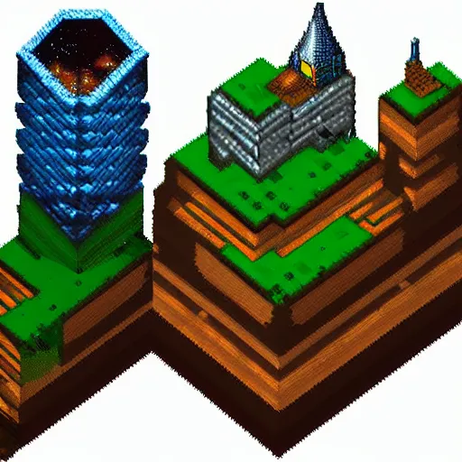 Image similar to A wizard's tower with mines and caves on its sides, sidescroller pixel art, sharp edges