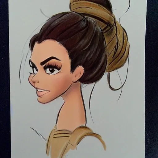 Image similar to milt kahl sketch of victoria justice with done up hair, tendrils covering face and ponytail as princess padme from star wars episode 3