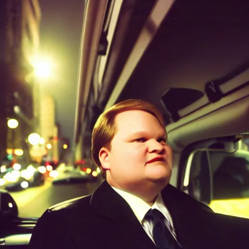 Image similar to 1 9 9 8 andy richter wearing a black wool coat and necktie in his car driving through the streets of chicago at night, point of view from back seat of car, warm, cozy, safe atmosphere