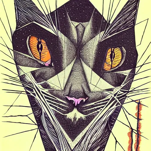 Image similar to cat as a fractal distortion, lithograph, watercolors, ink, M.C. Escher, moebius