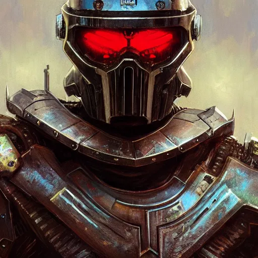 Image similar to the doomslayer as a realistic cyberpunk knight, closeup portrait art by donato giancola and greg rutkowski, realistic face, digital art, trending on artstation, symmetry!!, skull helmet