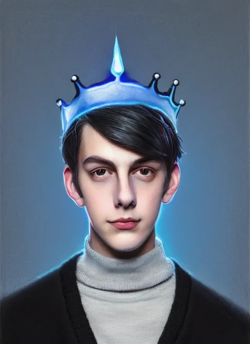 Image similar to portrait of teenage jughead jones wearing a light grey crown, crown, blue turtleneck, closed eyes, photorealistic, black hair, glowing lighting, intricate, elegant, glowing lights, highly detailed, digital painting, artstation, concept art, smooth, sharp focus, illustration, art by wlop, mars ravelo and greg rutkowski