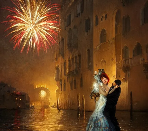 Image similar to photography of a 1 8 th couple in venice with fireworks, deep focus, intricate, elegant, highly detailed, digital painting, artstation, concept art, matte, sharp focus, illustration, art by artgerm and greg rutkowski and alphonse mucha and gil elvgren