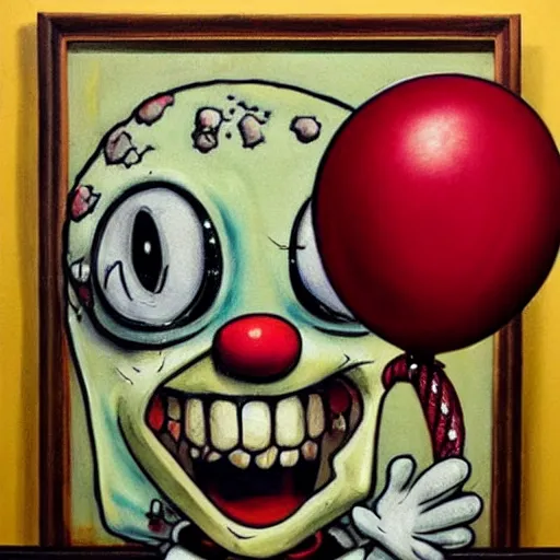 Image similar to grunge painting of spongebob with a wide smile and a red balloon by chris leib, loony toons style, pennywise style, corpse bride style, horror theme, detailed, elegant, intricate