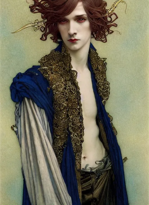 Image similar to edmund dulac, leyendecker, highly detailed portrait, a beautiful androgynous sebastian michaelis, long hair, tall and thin, wearing several pendants, art nouveau, stephen bliss, unreal engine, by greg rutkowski, loish, ferdinand knab, ilya kuvshinov, rossdraws, tom bagshaw, alphonse mucha, global illumination, radiant light