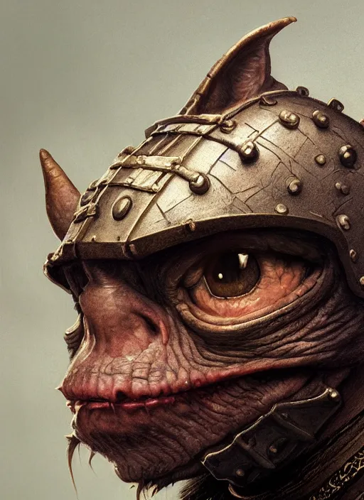 Image similar to highly detailed closeup portrait of a medieval goblin wearing cat helmets, stephen bliss, unreal engine, greg rutkowski, ilya kuvshinov, ross draws, hyung tae and frank frazetta, tom bagshaw, tom whalen, nicoletta ceccoli, mark ryden, earl norem, global illumination, god rays, detailed and intricate environment