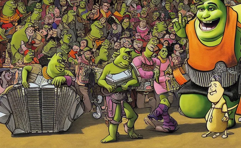 Prompt: shrek competes with spongebob in an accordion contest, highly details, by moebius, digital painting