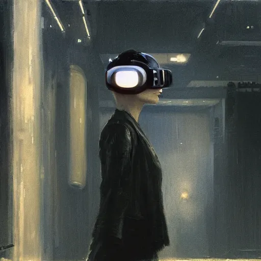 Image similar to rachael from bladerunner in vr helmet standing on the ledge by jeremy mann and edward hopper