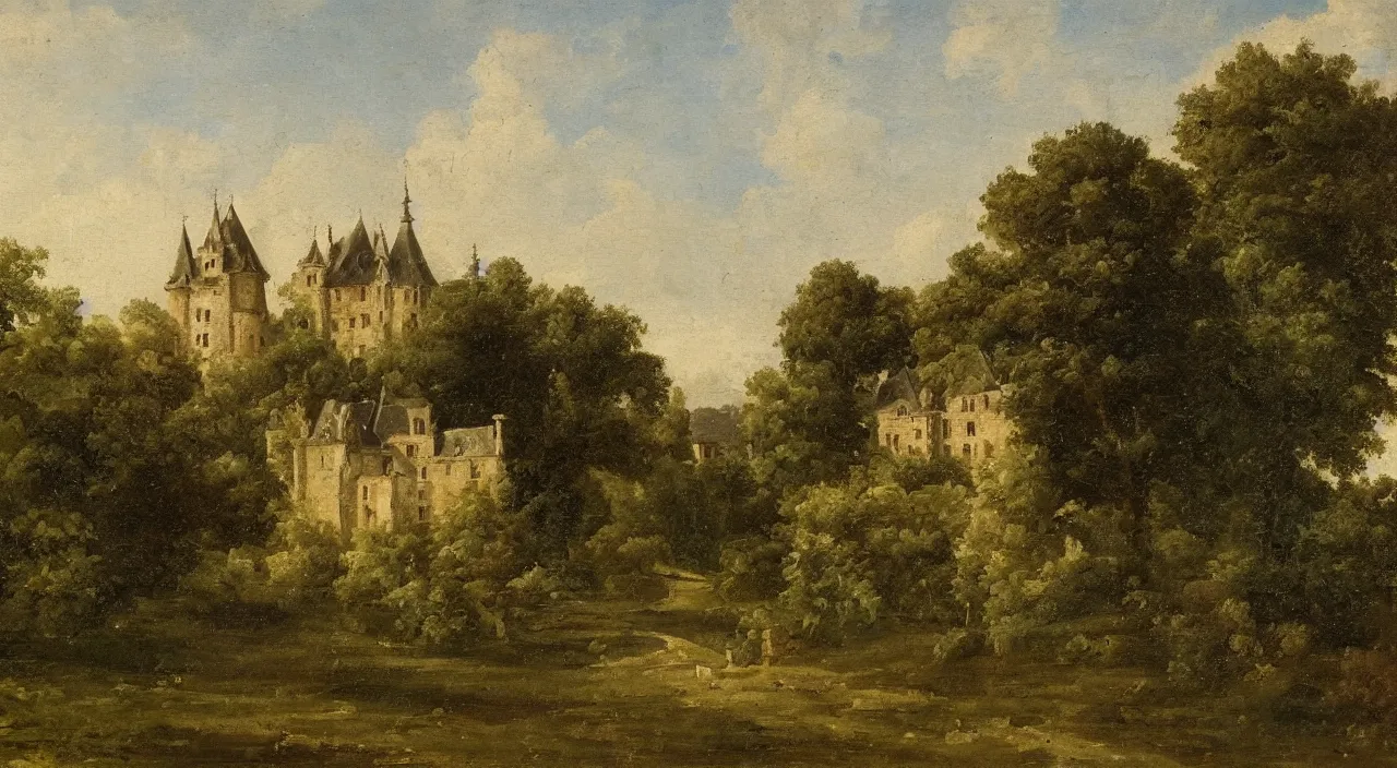 Image similar to a landscape painting of a French castle, with a garden