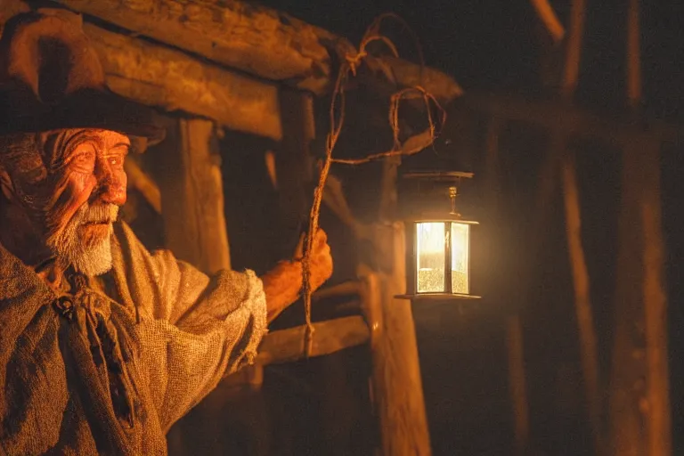 Image similar to closeup old man holding up a lantern on the beach in a pirate ship bay meet to a old wood shack by emmanuel lubezki