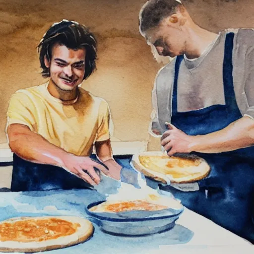 Prompt: a watercolor painting of Joe Keery making a pizza, ultra realistic