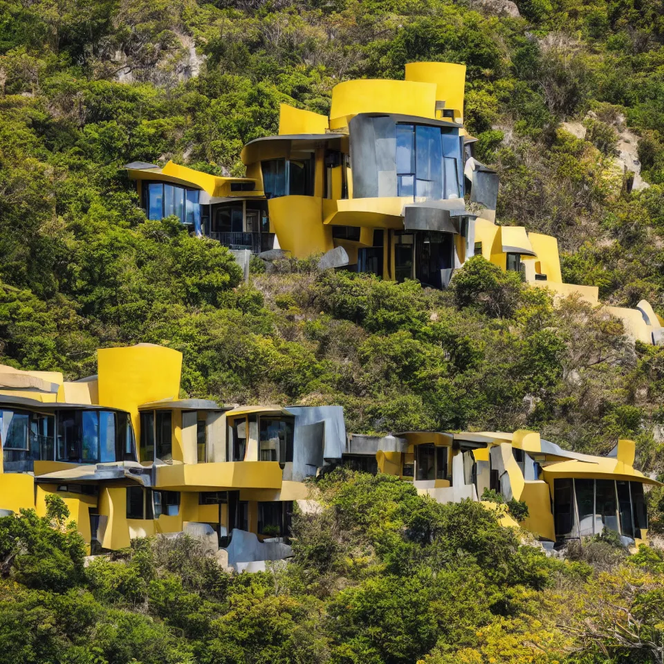 Image similar to a mid-century modern house on a cliff, designed by Frank Gehry. Big tiles. Small wooden pathway . Film grain, cinematic, yellow hue