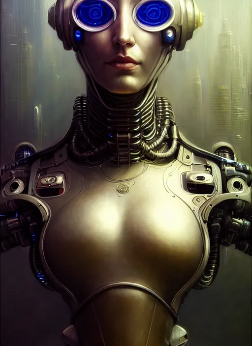 Image similar to portrait shot of a cyberpunk robot, intricate, elegant, highly detailed, centered, digital painting, artstation, concept art, smooth, sharp focus, illustration, artgerm, tomasz alen kopera, peter mohrbacher, donato giancola, joseph christian leyendecker, wlop, boris vallejo