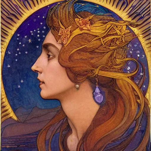 Image similar to queen of the moon with stars in her hair, by nicholas roerich and annie swynnerton and donato giancola and dulac and elihu vedder, dramatic lighting, god rays, geometric tattoos, rich colors, smooth sharp focus, extremely detailed, leo and diane dillon, adolf wolfli