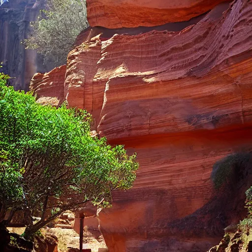 Image similar to A temple of sandstone built into the side of a canyon.