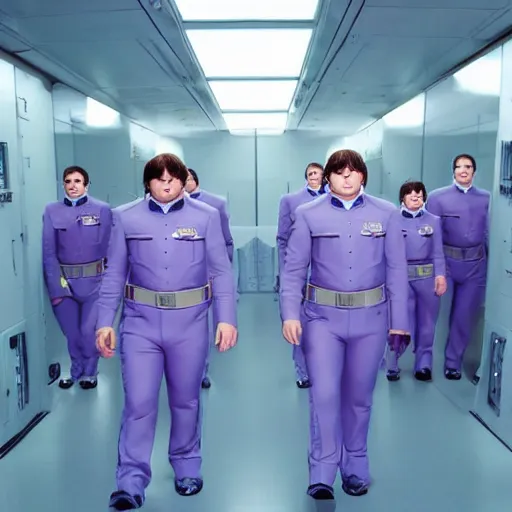 Prompt: troop jack black clones with white bob hairdos, tight light blue and lavender neopren suits, futuristic cloning facility, sci - fi, highly detailed, cinematic