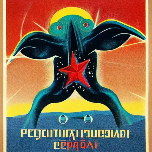 Image similar to A vintage soviet poster featuring C'thulhu, by Keith Munro and Fernanda Cursio and Sergei Shirobokov