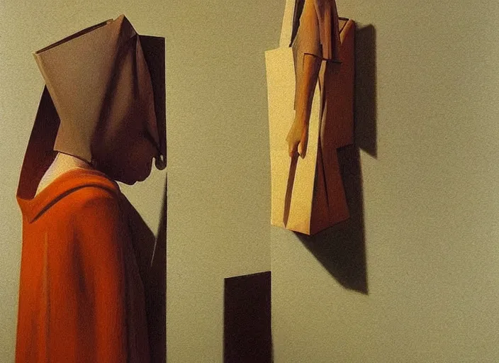 Image similar to woman with a paper bag over the head Edward Hopper and James Gilleard, Zdzislaw Beksinski, highly detailed