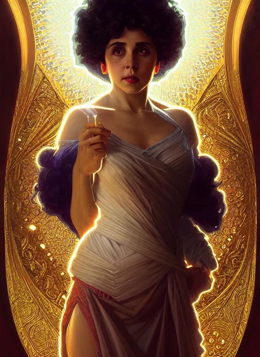Image similar to symmetry portrait of poly styrene, fantasy, renaissance wear, glowing candles intricate, elegant, highly detailed, digital painting, artstation, concept art, smooth, sharp focus, illustration, art by artgerm and greg rutkowski and alphonse mucha