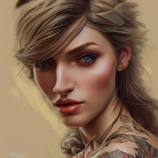 Image similar to ultra realistic illustration, a hot and beautiful tattooed blonde slavic woman in her 3 0's, intricate, elegant, highly detailed, digital painting, artstation, concept art, smooth, sharp focus, illustration, art by artgerm and greg rutkowski and alphonse mucha