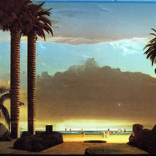 Prompt: Giant columns palace, thunderstorm, greek pool, beach and palm trees on the background major arcana sky, by paul delaroche, magazine photo from 1987, hyperrealistic 8k, very detailed