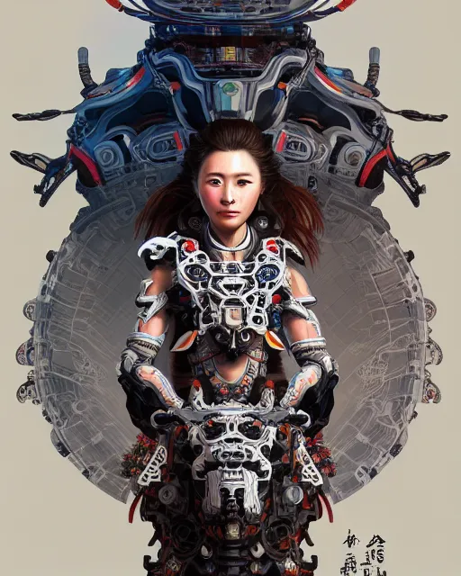 Image similar to portrait of a machine from horizon zero dawn, machine face, upper body, decorated with chinese opera motifs, asian, traditional chinese art, intricate, elegant, highly detailed, digital painting, artstation, concept art, smooth, sharp focus, illustration, art by artgerm and greg rutkowski and alphonse mucha, 8 k