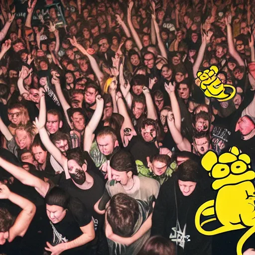 Prompt: hyper realistic garfield moshing at a hardcore punk show, detailed, photography