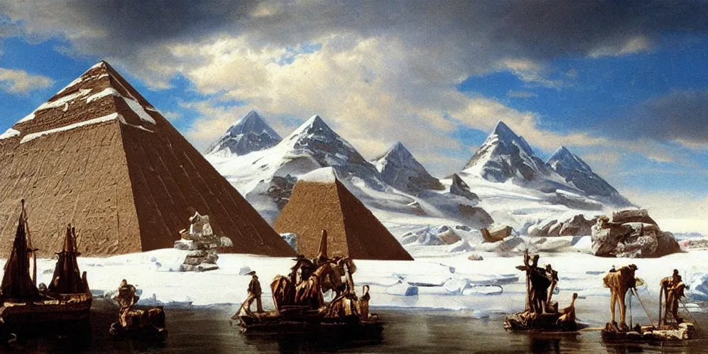 Image similar to Antarctica, pyramids, oil painting, highly detailed, artwork, in style of Albert bierstadt