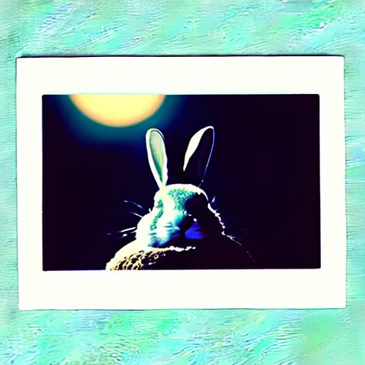 Image similar to wide shot, Polaroid photo of a bunny on the moon, high contrast, 8k, realistic, rich colors