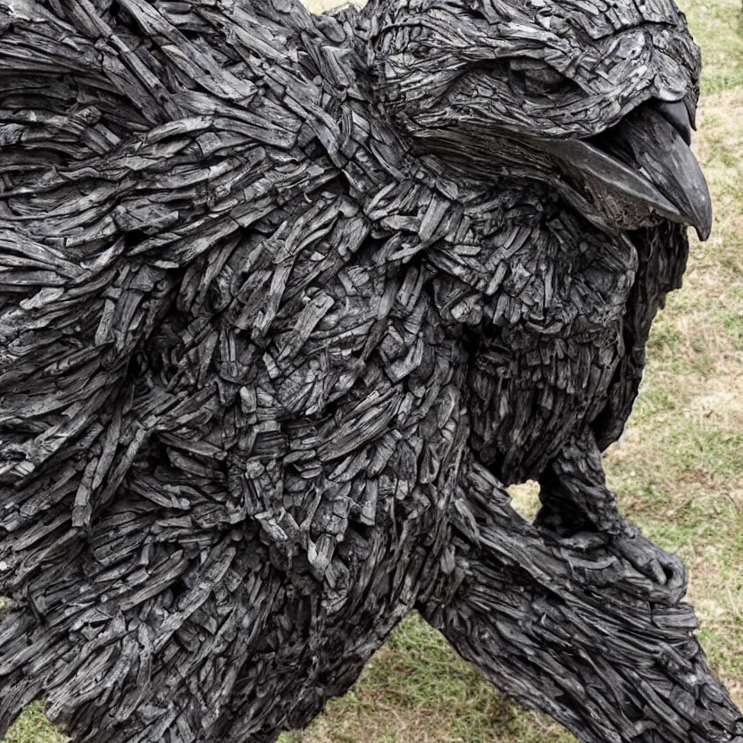 Prompt: imposing scary intricate raven stone sculpture made of oily cords