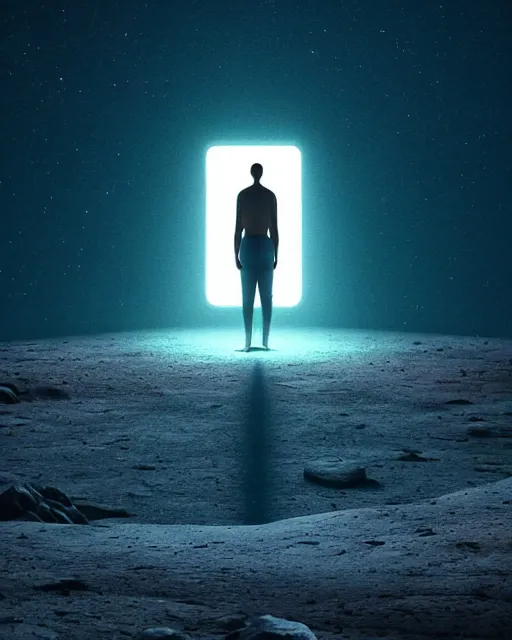 Image similar to a person standing in front of a glowy open door that's on a barren moon, poster art by mike winkelmann, trending on cg society, space art, sci - fi, ue 5, futuristic, volumetric lighting