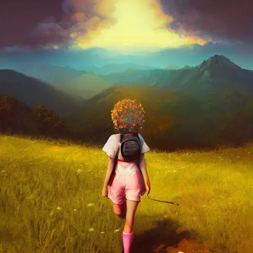 Image similar to giant daisy flower head, girl hiking in the mountains, surreal photography, sunrise, dramatic light, impressionist painting, colorful clouds, digital painting, artstation, simon stalenhag