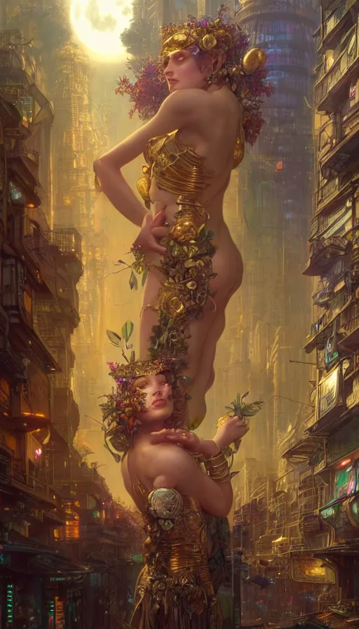 Prompt: golden goddess looking at a hyper realistic cyberpunk city, crowded market street overtaken by lush plants, kittens, full moon, light rays, gnarly trees by tom bagshaw, mucha, gaston bussiere, craig mullins, j. c. leyendecker 8 k