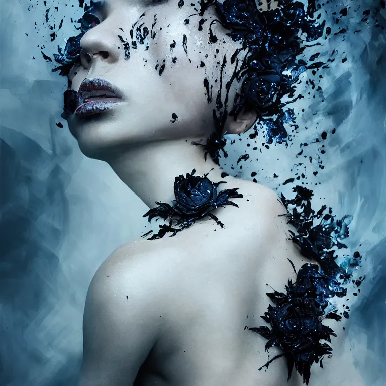 Image similar to 3 d, white and black smoke, sun rays, confident fashion model, sweat skin, liquid black metal, black roses, poster art, high detail, intricate oil painting, multiple exposure, deep blue mood, hyperrealism, 3 d, by tooth wu and wlop and beeple and greg rutkowski